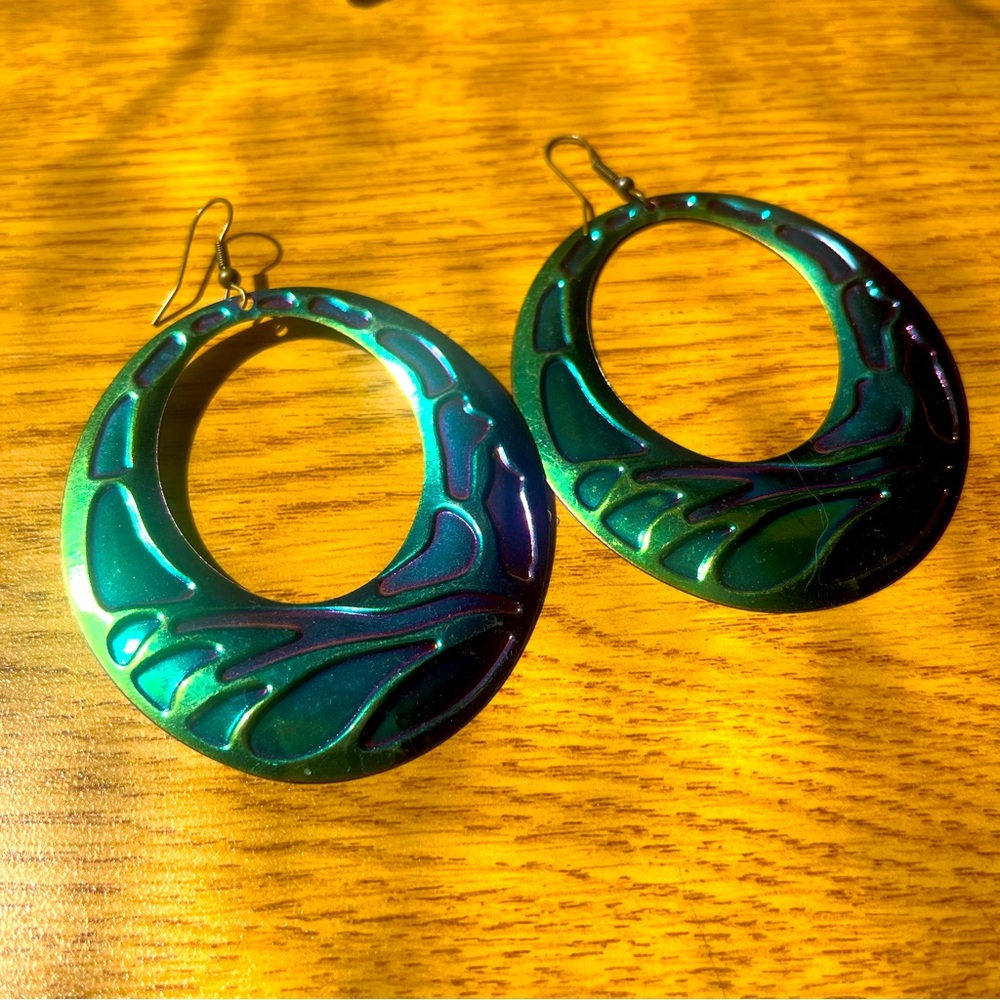 Rave oil spill, teal and purple festival light metal earrings